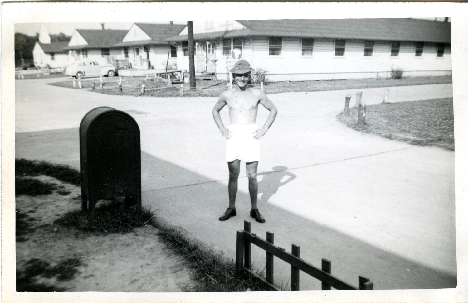 Serviceman Posing in Boxer Shorts at Barracks Area, Stateside WWII Training Base