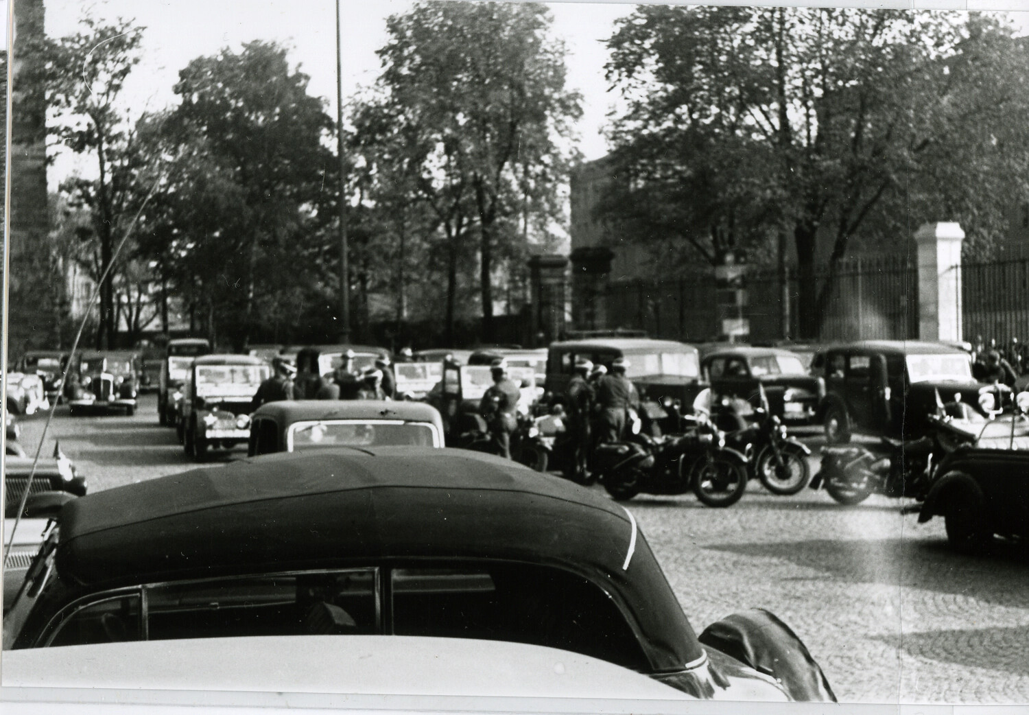 Motorcade and Motorcycle Escort Assembled Near Courthouse Grounds, Nuremberg Trials Era
