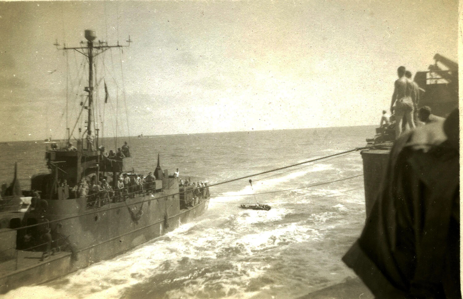 Underway Replenishment/Personnel Transfer Between U.S. Navy Vessels, Pacific Theater, 1945
