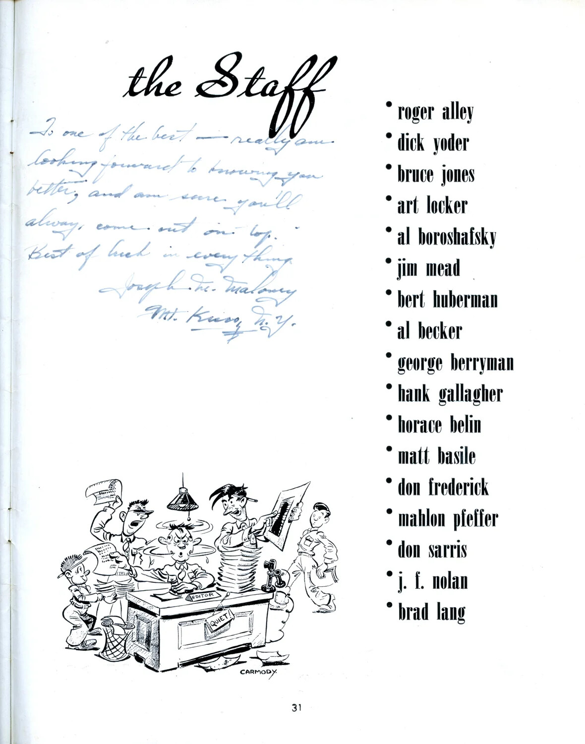 "The Staff" Page with Cartoon and Handwritten Inscription, USAAF Pre-Flight Training Booklet, p. 31