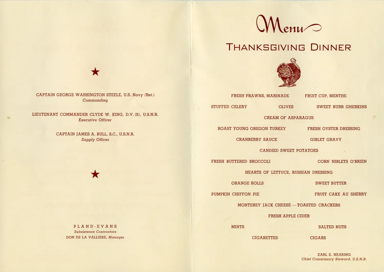 U.S. Navy Thanksgiving Dinner Menu, Command of Capt. George Washington Steele, USN (Ret.) — McAleer Collection