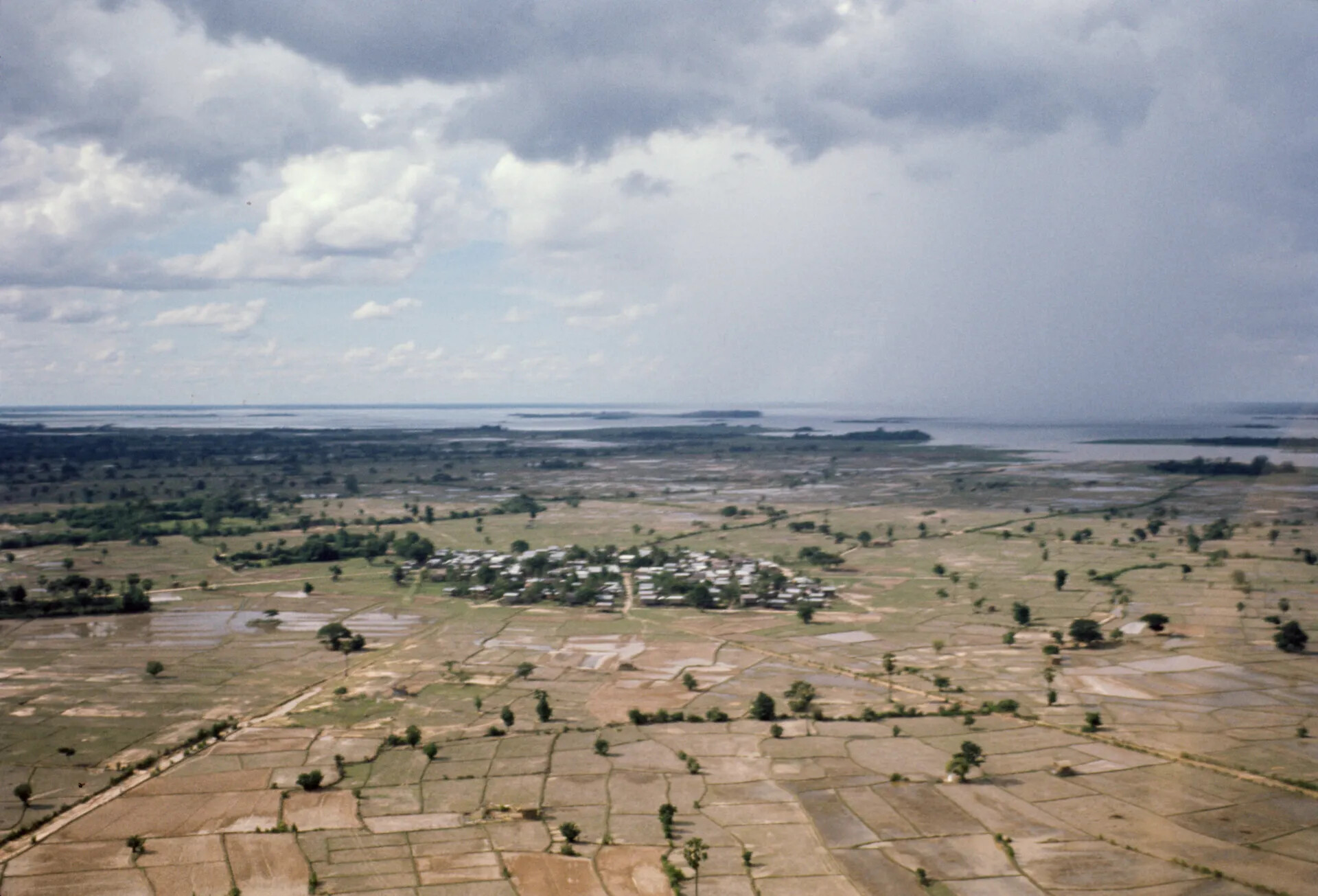 Aerial View of Rural Village, Rice Paddies, and Coastal Waterway, Vietnam War Era
