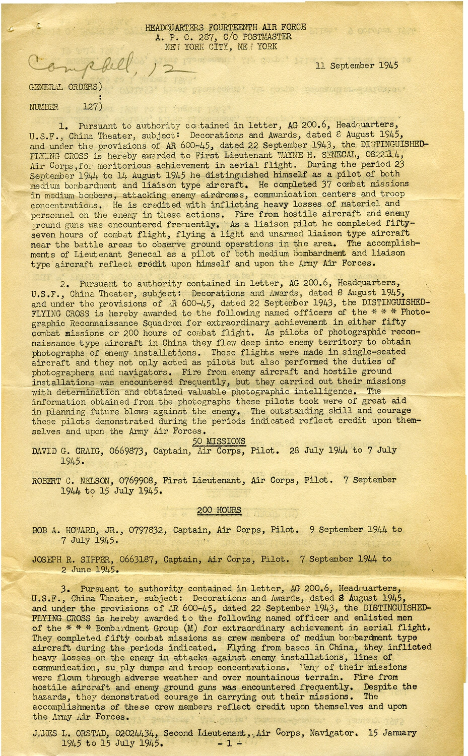 General Orders No. 127, Headquarters Fourteenth Air Force — Distinguished Flying Cross Awards, 11 September 1945