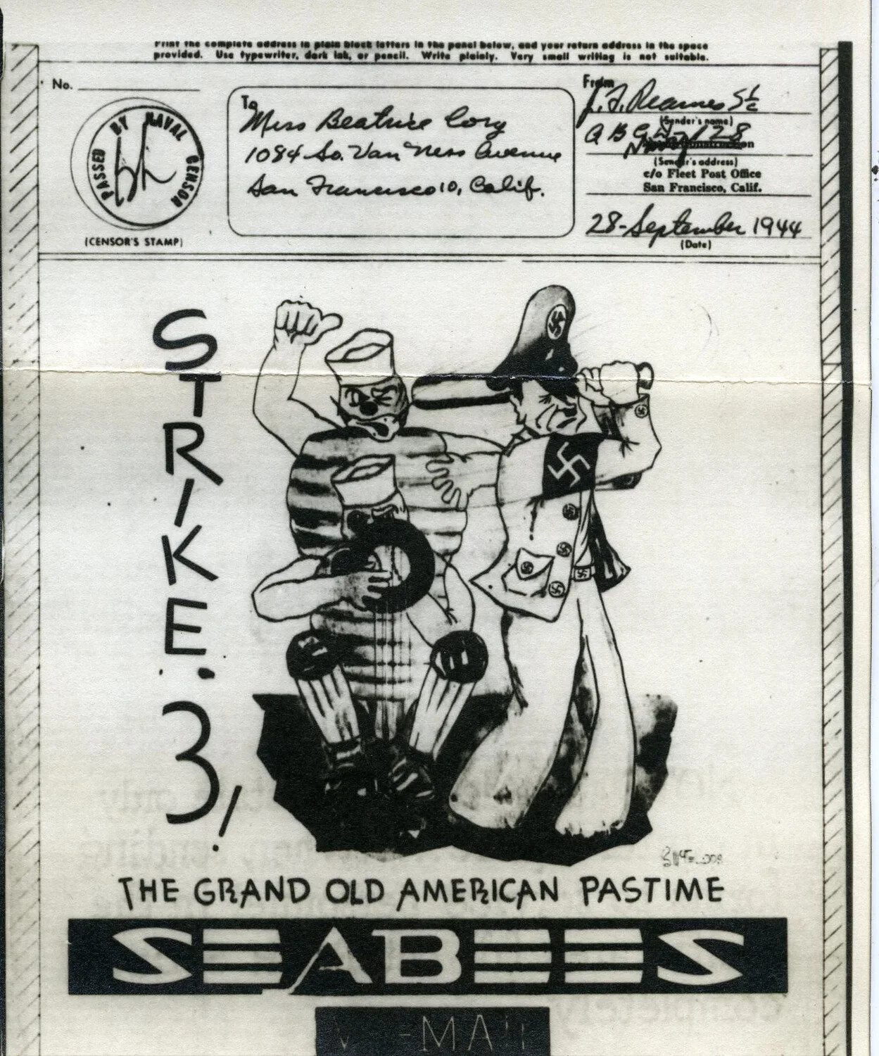 V-Mail Cartoon Stationery, "Strike 3! The Grand Old American Pastime," U.S. Navy Seabees, 28 September 1944