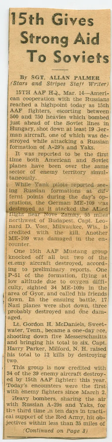 Stars and Stripes Newspaper Clipping: '15th Gives Strong Aid To Soviets' (March 1945)