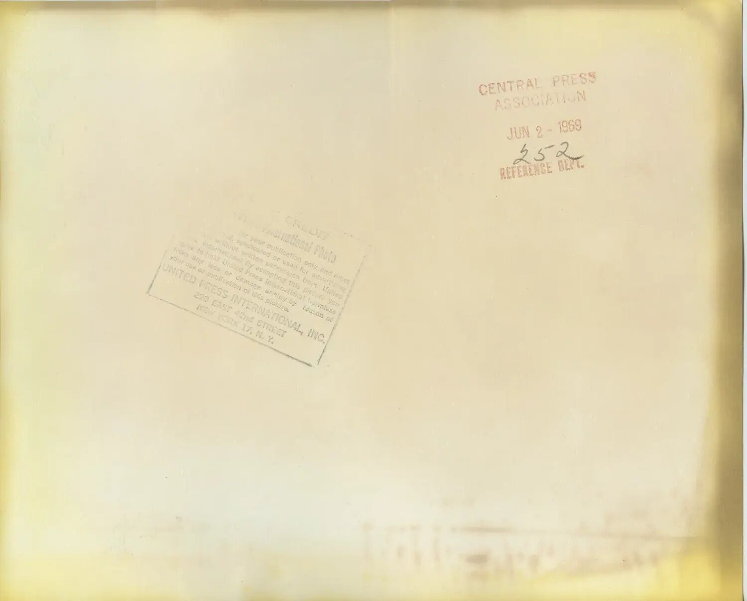 Verso of Vintage Press Photograph -- United Press International Wire Photo Stamps, Dated June 2, 1969