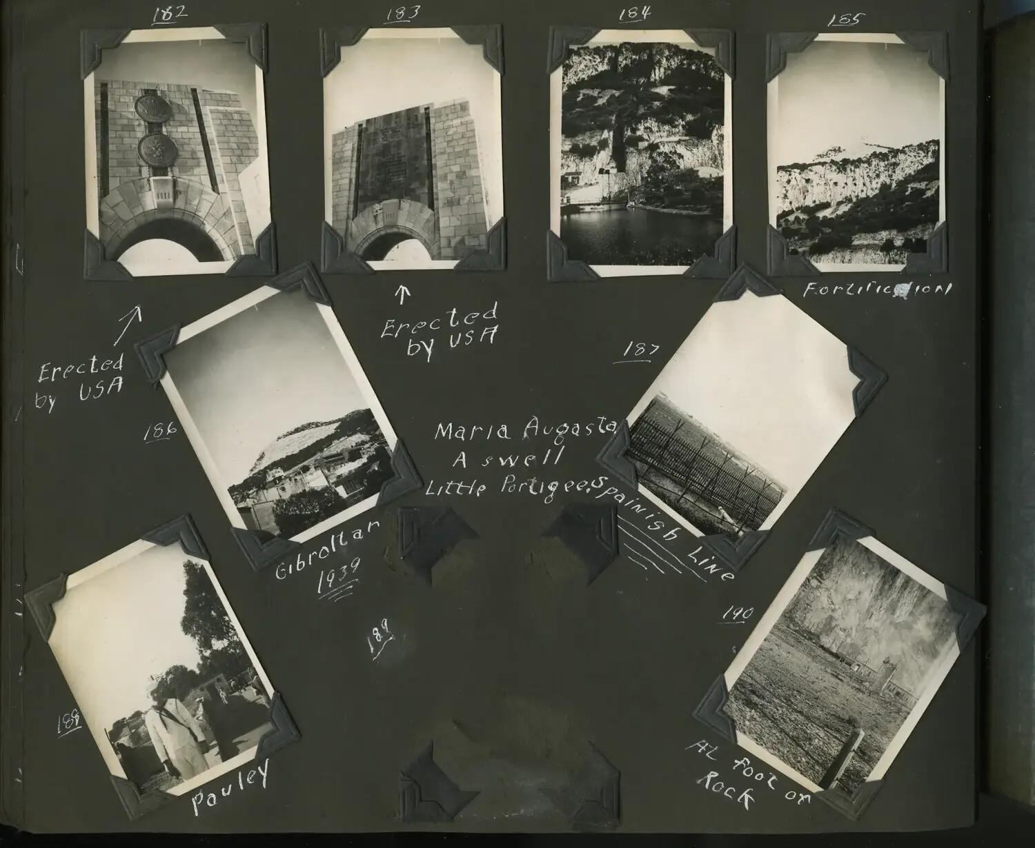 Photo Album Page, USS Trenton Scrapbook: Gibraltar Memorials, Fortifications, and the Spanish Frontier, 1939, Photos 182-190