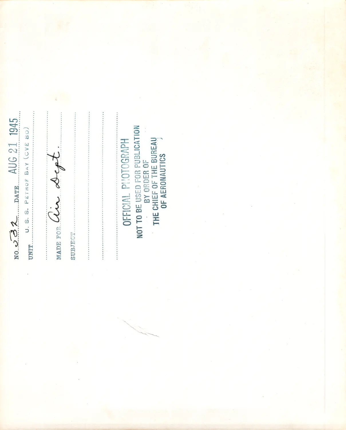 Verso of Official U.S. Navy Photograph No. 732, USS Petrof Bay (CVE-80), Dated 21 August 1945