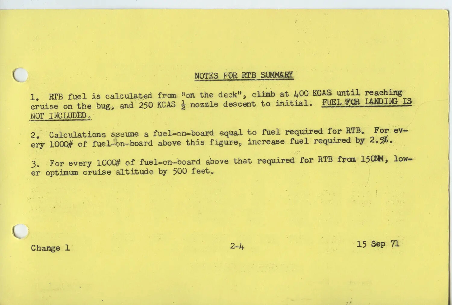 F-4 Phantom II Flight Manual Page: 'Notes for RTB Summary,' Change 1, 15 September 1971