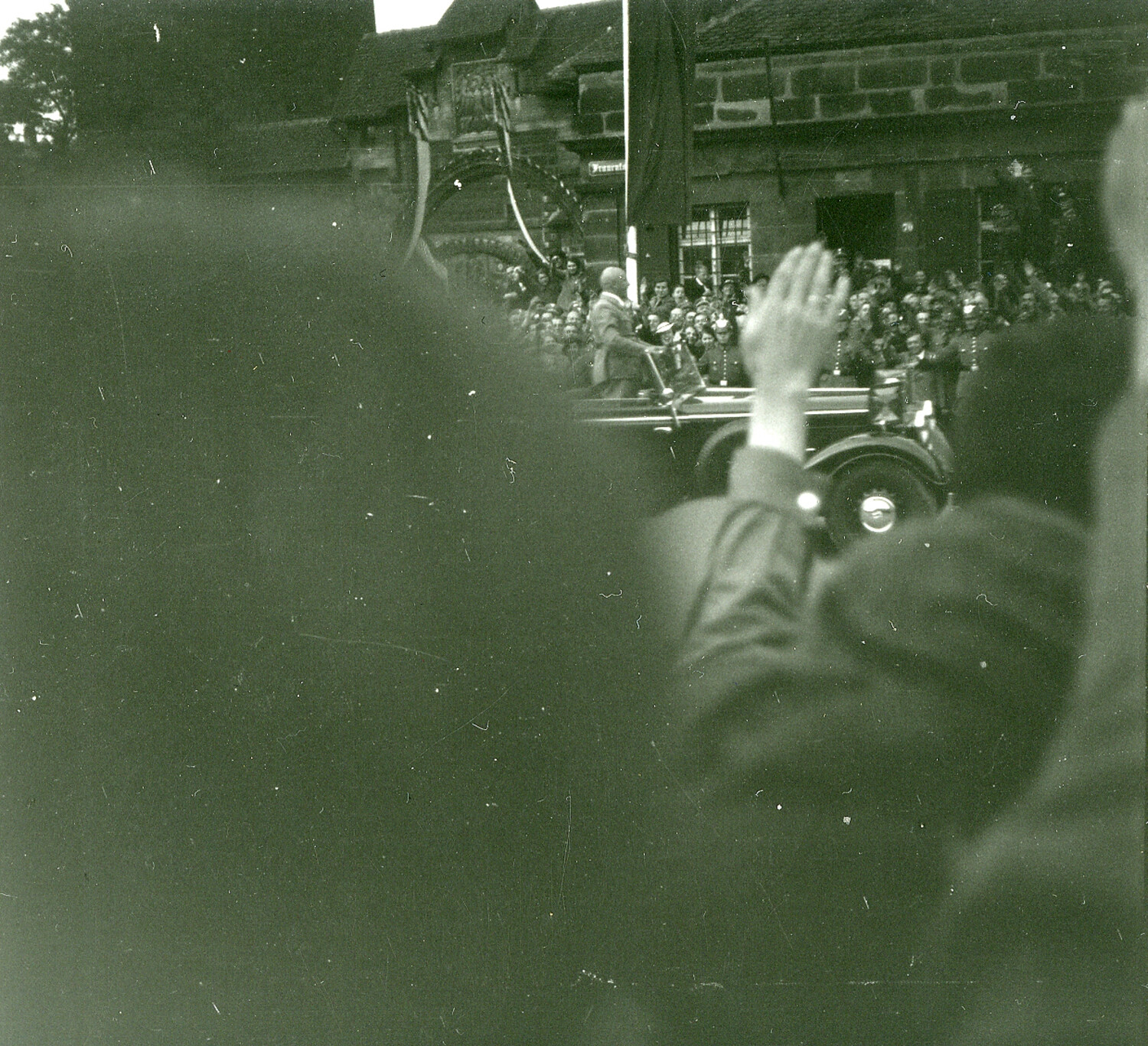 Motorcade Passing Crowd with Raised Salutes, Historic Nuremberg Old Town, 1930s