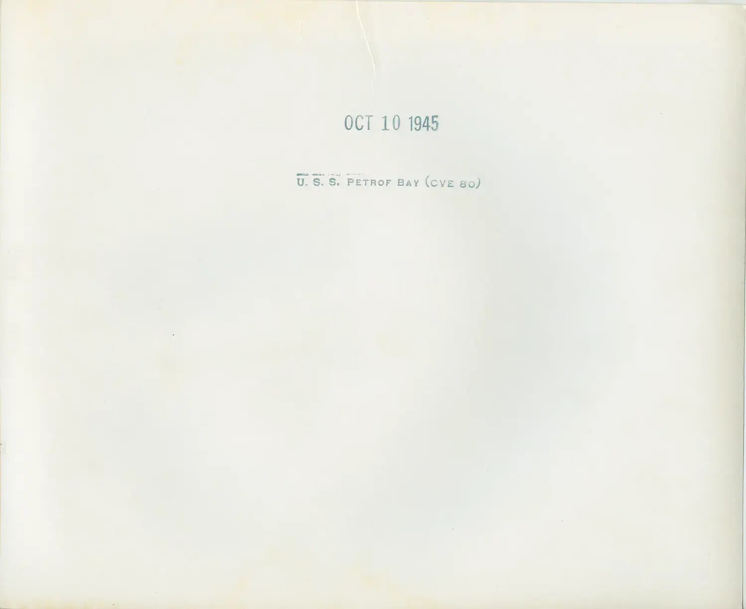 Photograph Verso with Ship Identification Stamp, USS Petrof Bay (CVE-80), October 10, 1945