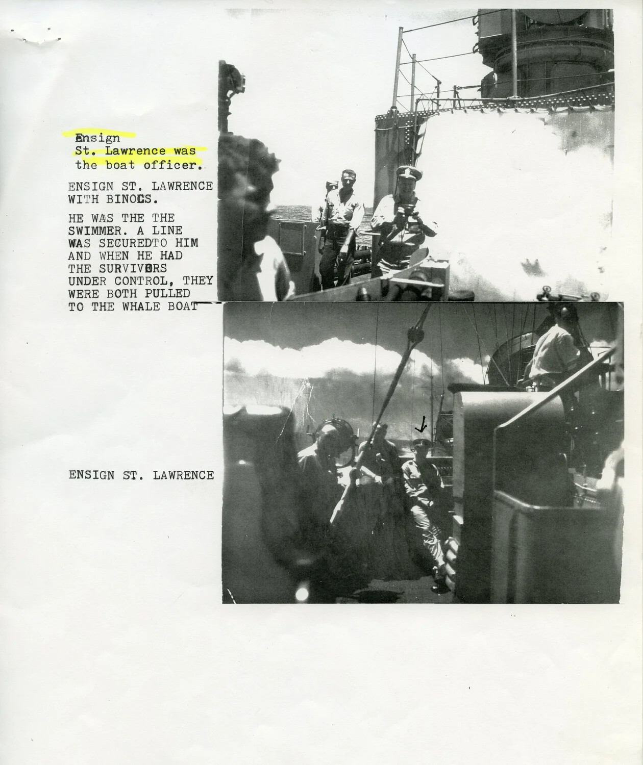 Typed Report Page with Photographs of Ensign St. Lawrence, Rescue-at-Sea Incident, Korean War Era Navy Documentation
