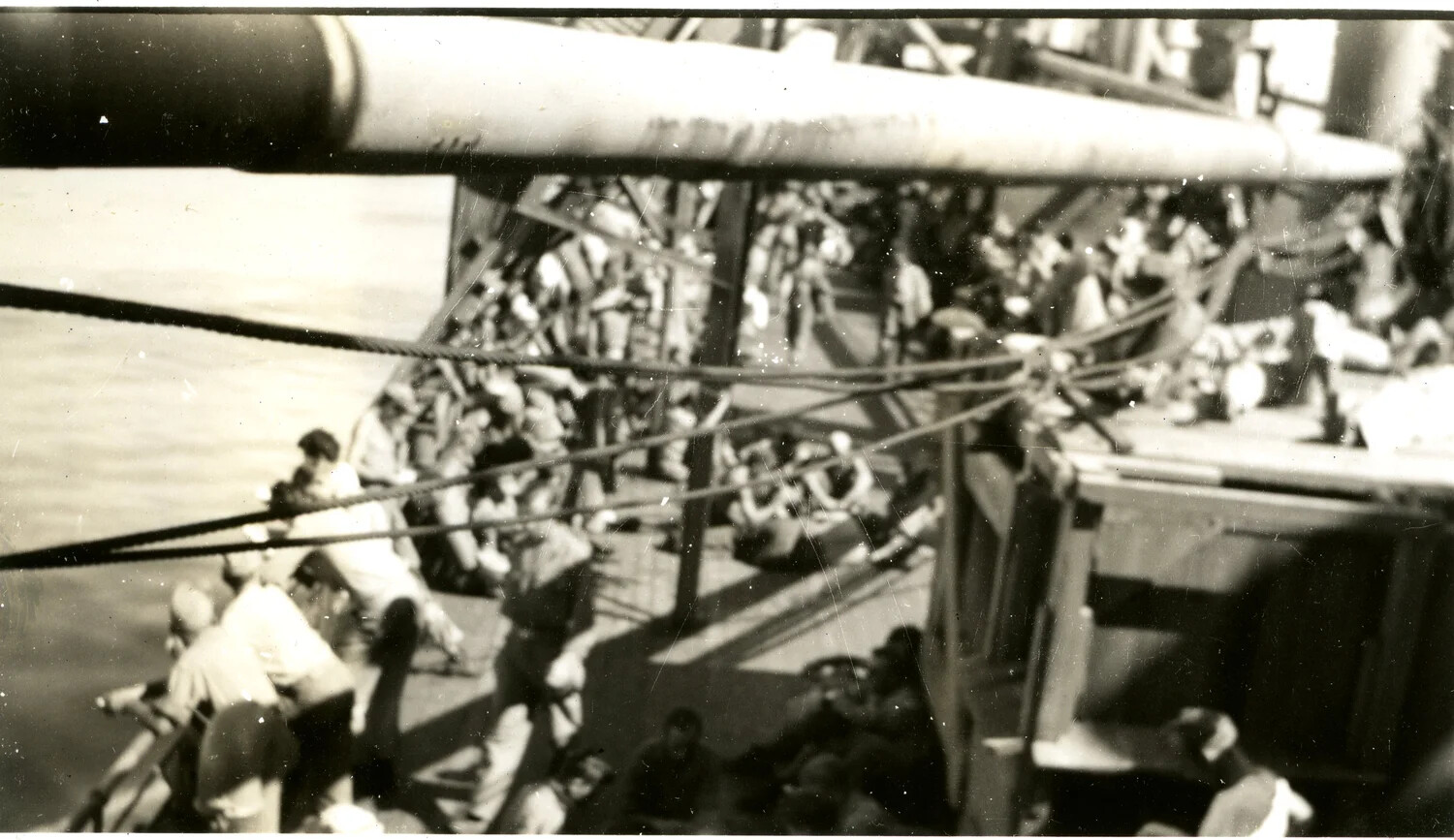 View of Crowded Troop Deck from Ship's Rigging, Pacific Theater
