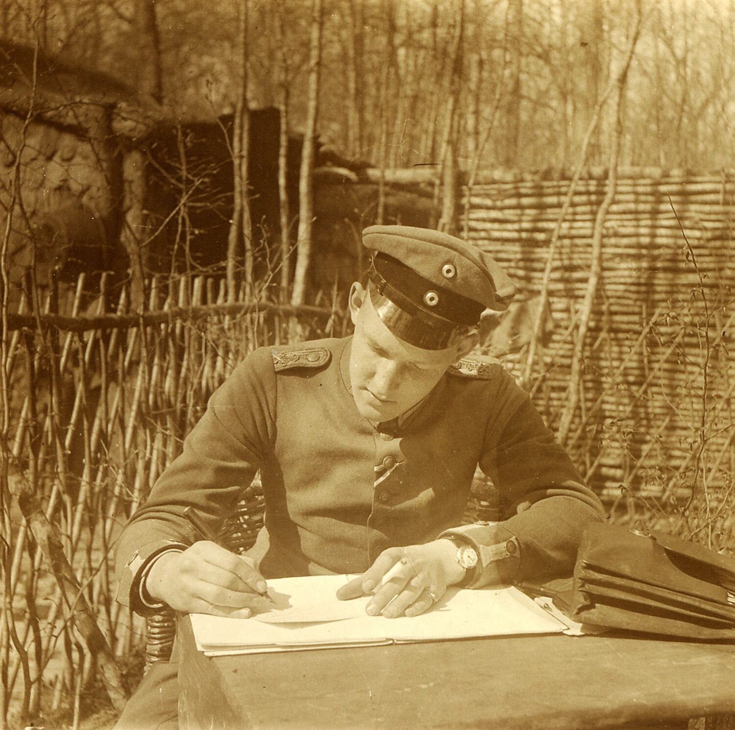 German Officer Writing at Field Desk, World War I