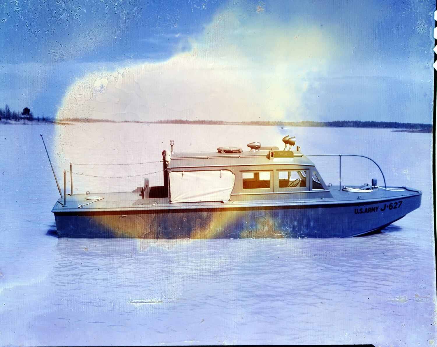 U.S. Army Boat 'J-627' on Calm Water, Damaged Color Negative, Kotec China-Burma Collection