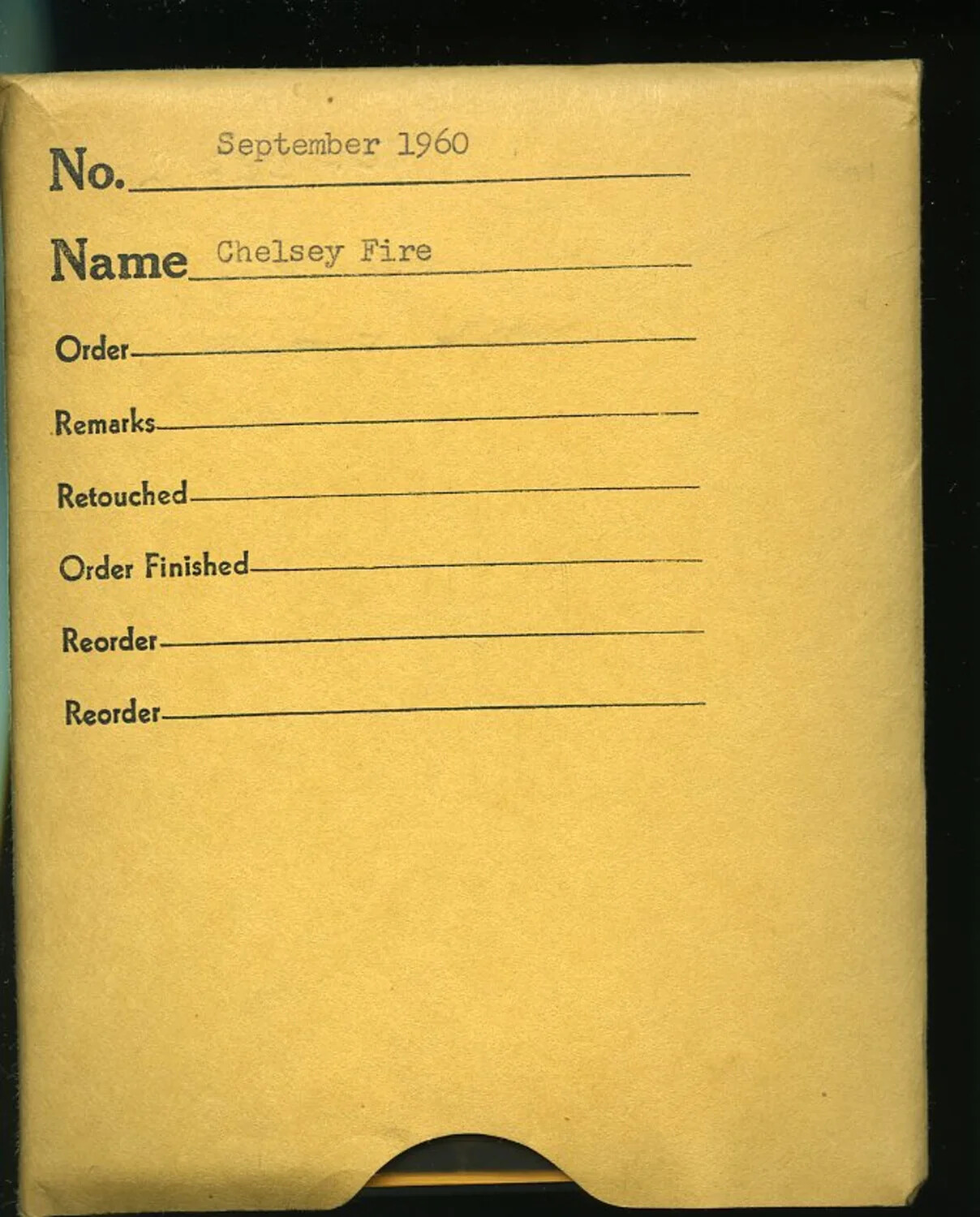 Photo Studio Negative Order Envelope, 'Chelsey Fire,' September 1960