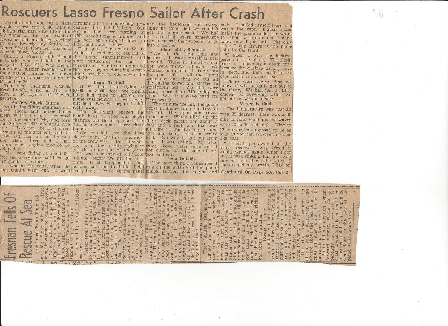 Newspaper Clipping: 'Rescuers Lasso Fresno Sailor After Crash,' Korean War Naval Aviation Rescue