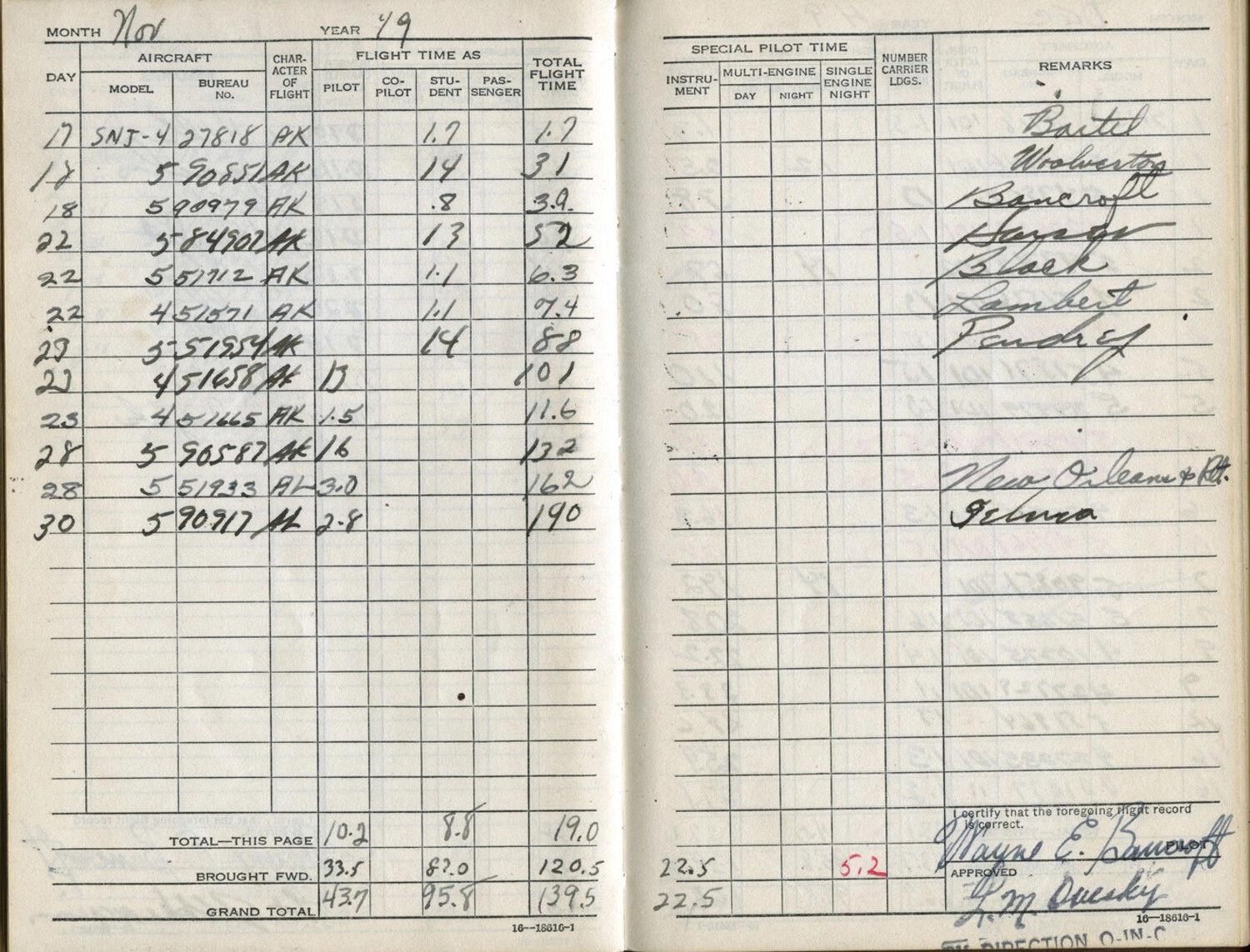 SNJ Trainer Flight Log Entries, November 1949 - Lt. Wayne E. Bancroft Pre-Korean War Training Log Book