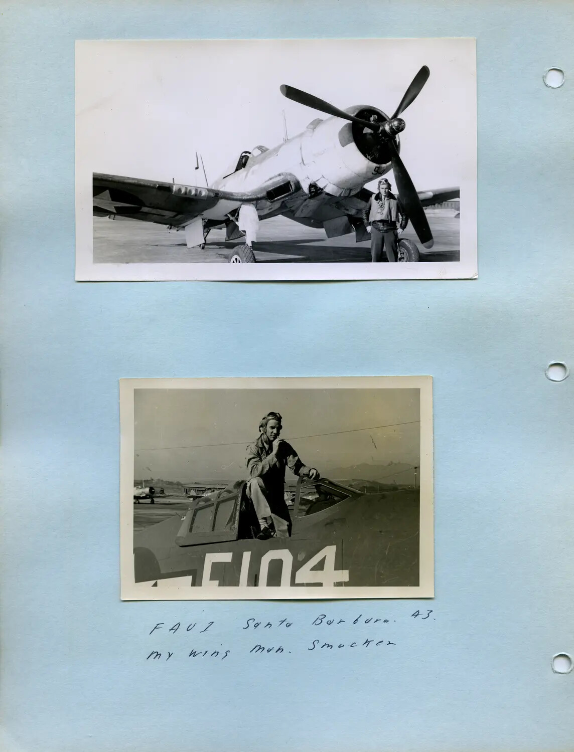 Vought F4U Corsair and Pilot "Smucker," Santa Barbara, WWII Squadron Album Page