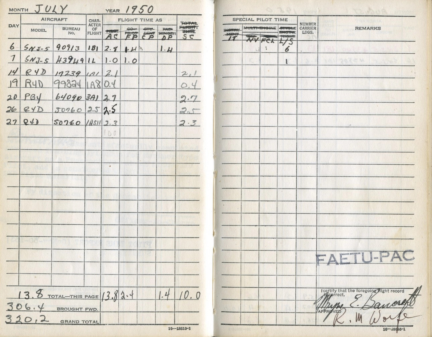 Lt. Bancroft USN Pilot Logbook: July 1950 Flight Entries, FAETU-PAC