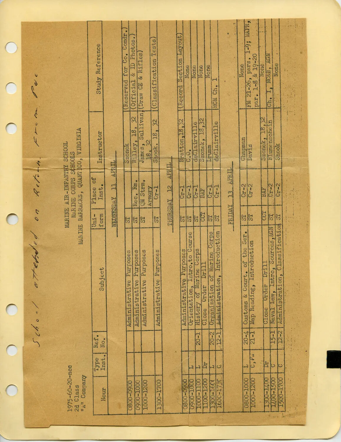 Marine Air-Infantry School Training Schedule, Quantico, Virginia