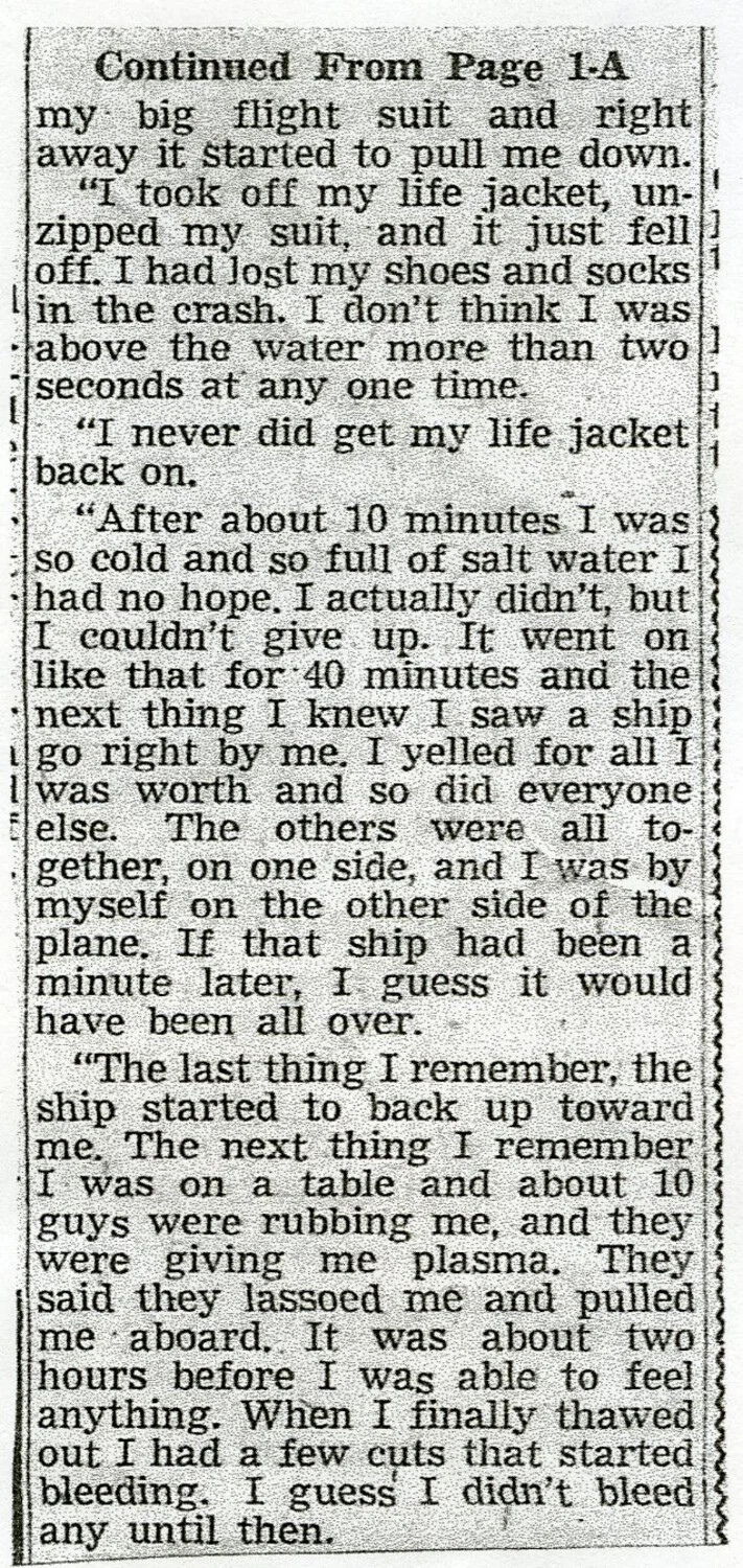 Newspaper Clipping: Survivor's Account of an Aircraft Ditching at Sea - Lt. Bancroft Korean War Collection