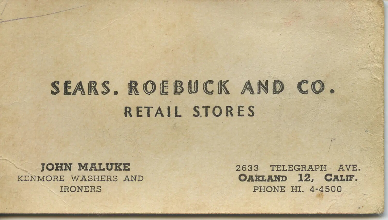 Sears, Roebuck and Co. Business Card - John Maluke, Oakland, California