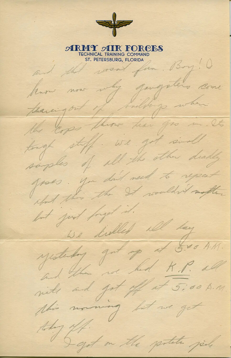 Handwritten Letter on Army Air Forces Technical Training Command Letterhead, St. Petersburg, Florida, 1944 (Margaroli Correspondence)