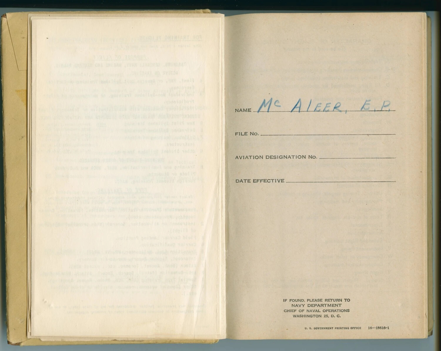U.S. Navy Aviator's Flight Log Book, Identification Page -- Edward P. McAleer