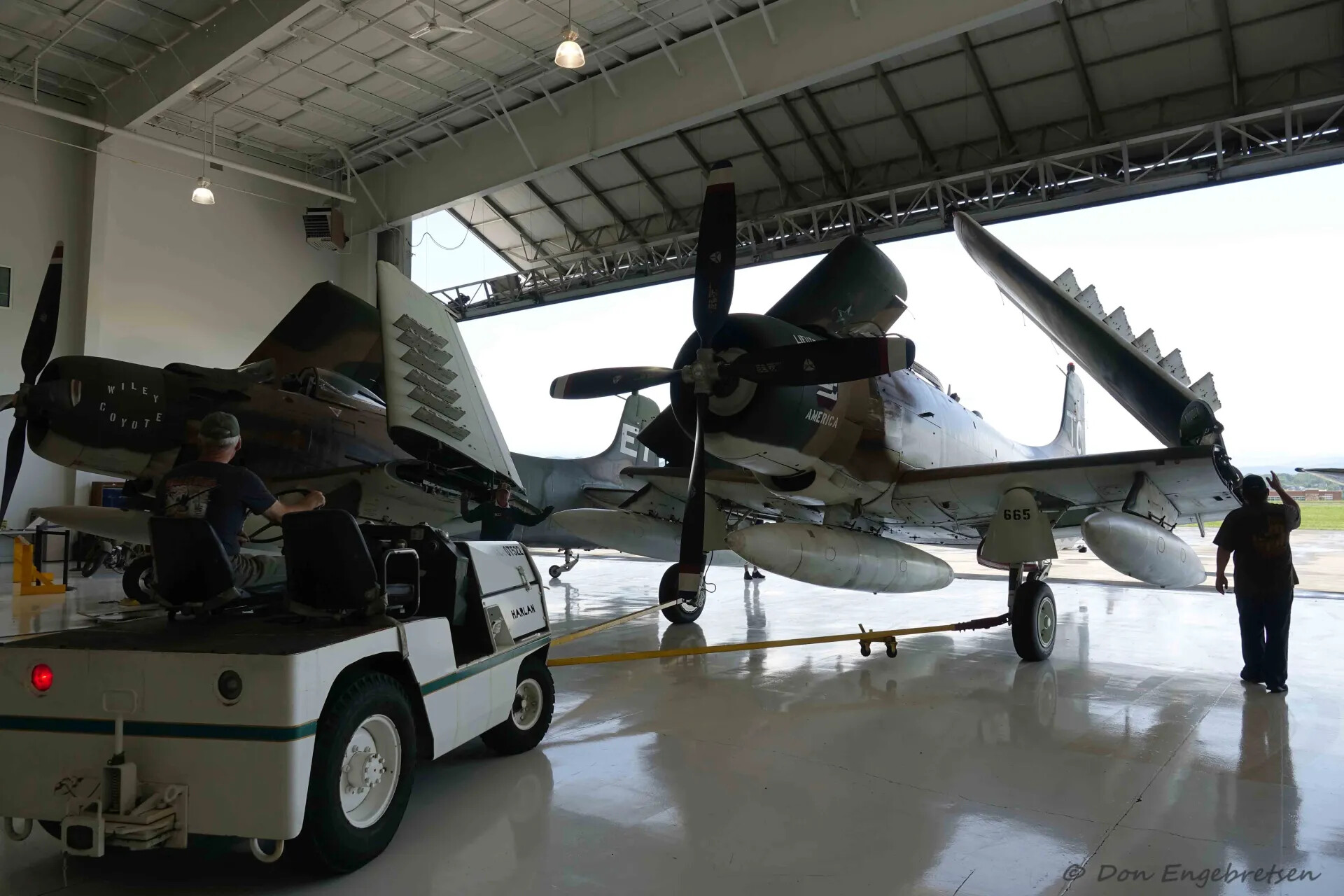 A-1 Skyraiders Being Towed in Hangar, Museum Event, May 2019