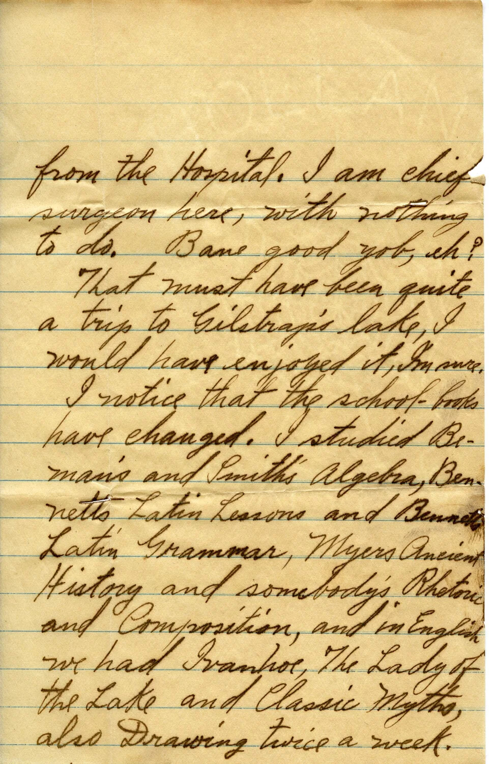 Handwritten Letter Page, February 10, 1911 -- Wagener Family Correspondence (School Curriculum and Hospital Humor)