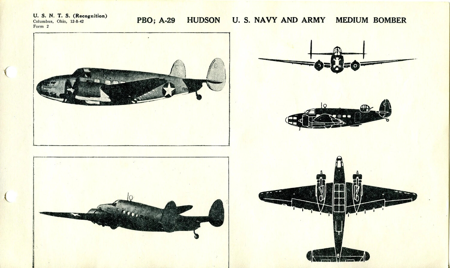 U.S.N.T.S. Aircraft Recognition Card: PBO/A-29 Hudson Medium Bomber (Form 2, Columbus, Ohio, 12-8-42)