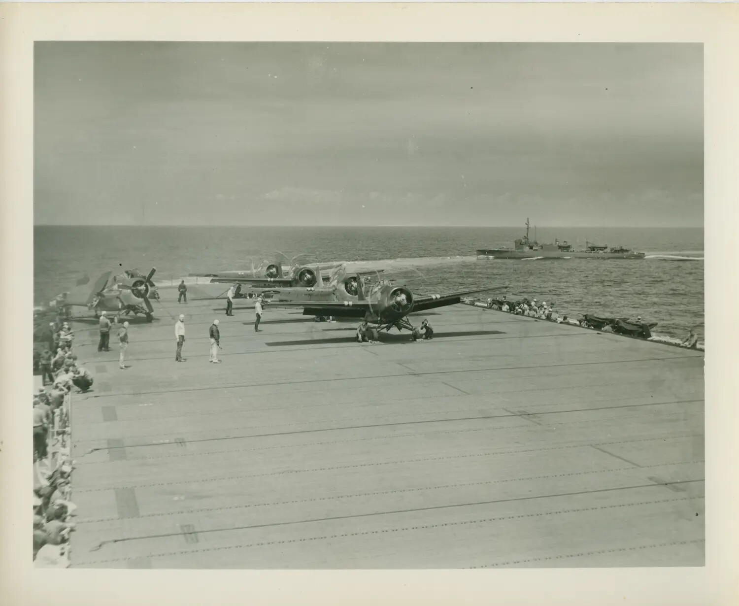 TBM/TBF Avenger Torpedo Bombers Spotted on Flight Deck with Engines Turning, USS Petrof Bay (CVE-80), World War II