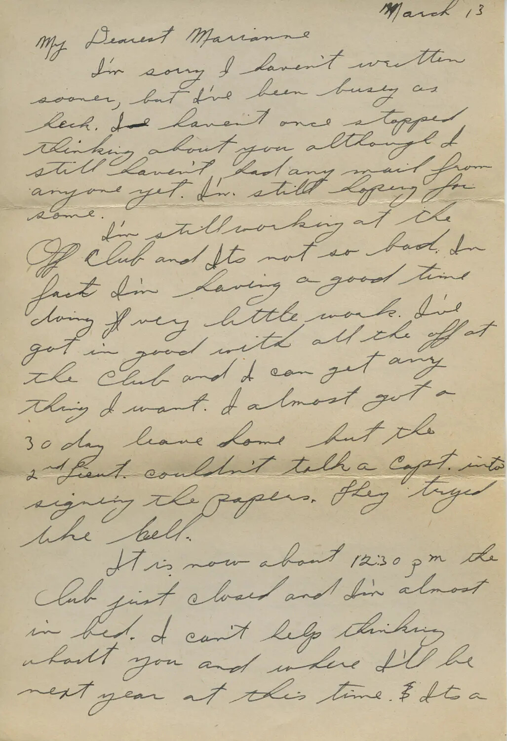 WWII Letter from 'Moon' to Marianne, March 13 — Life Working at the Officers' Club