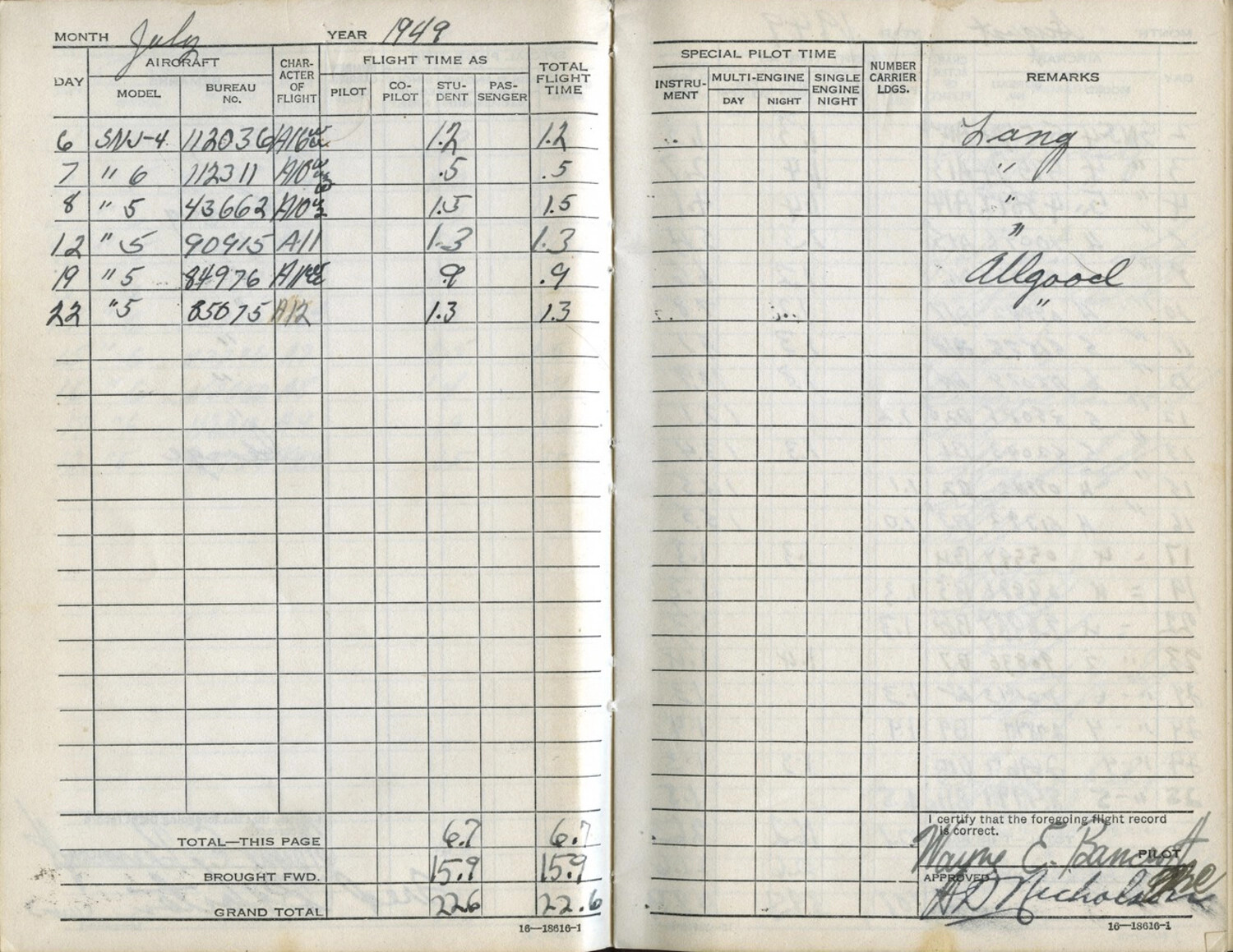 Naval Aviator Wayne E. Bancroft's Flight Logbook, July 1949