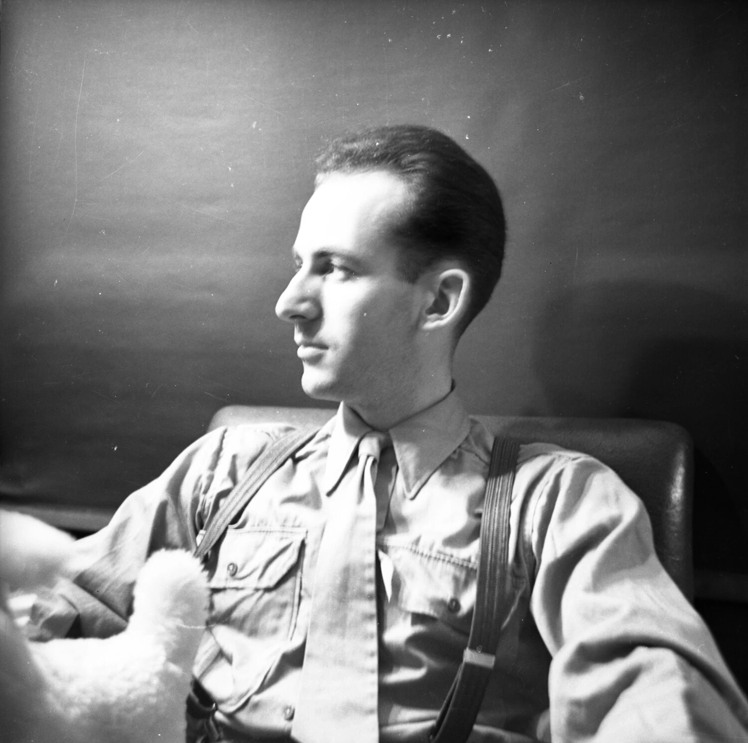 Profile Portrait of Young Man in Shirt and Suspenders - Domestic Interior