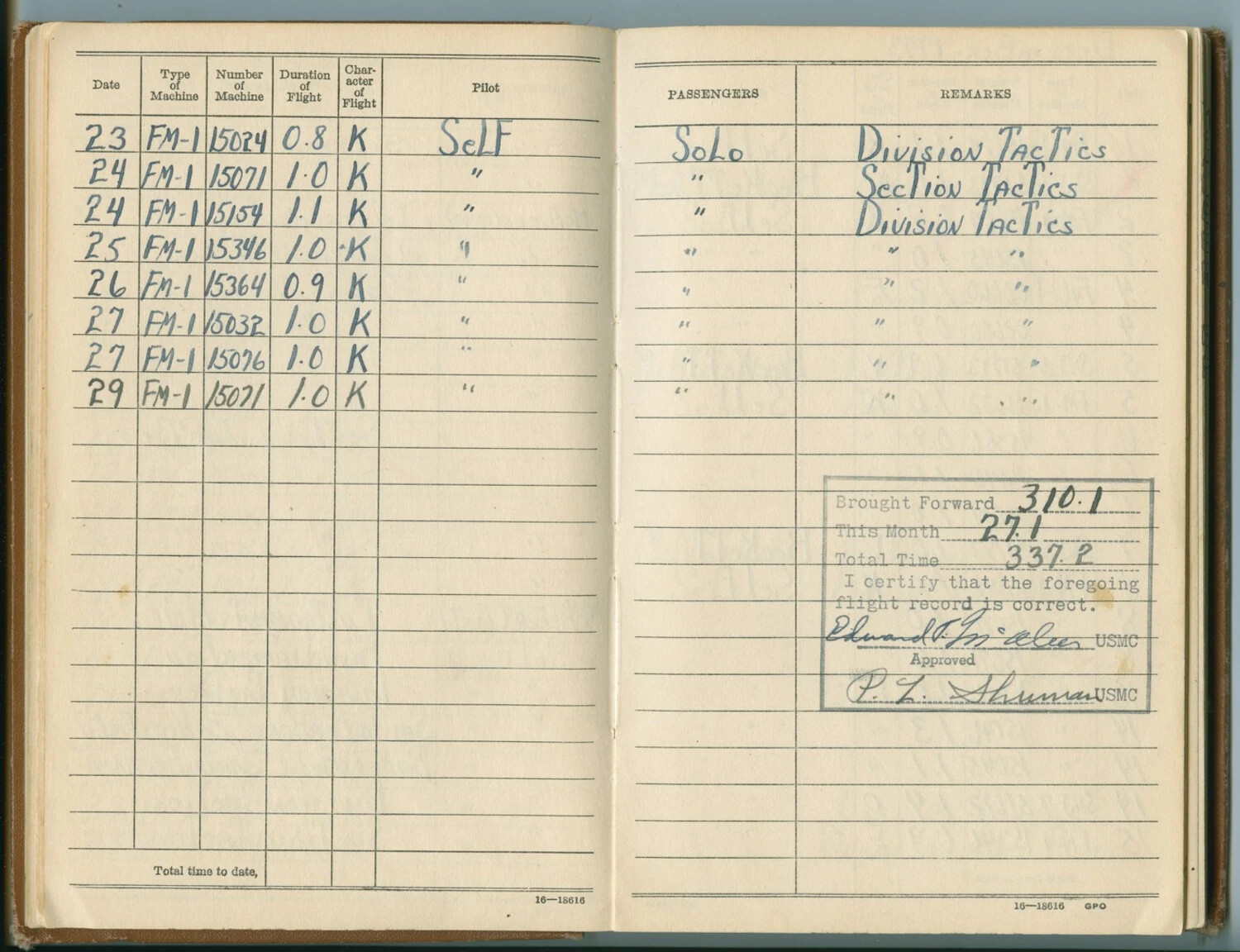 USMC Aviator's Flight Log Book Pages – FM-1 Wildcat Training Flights (McAleer Collection)