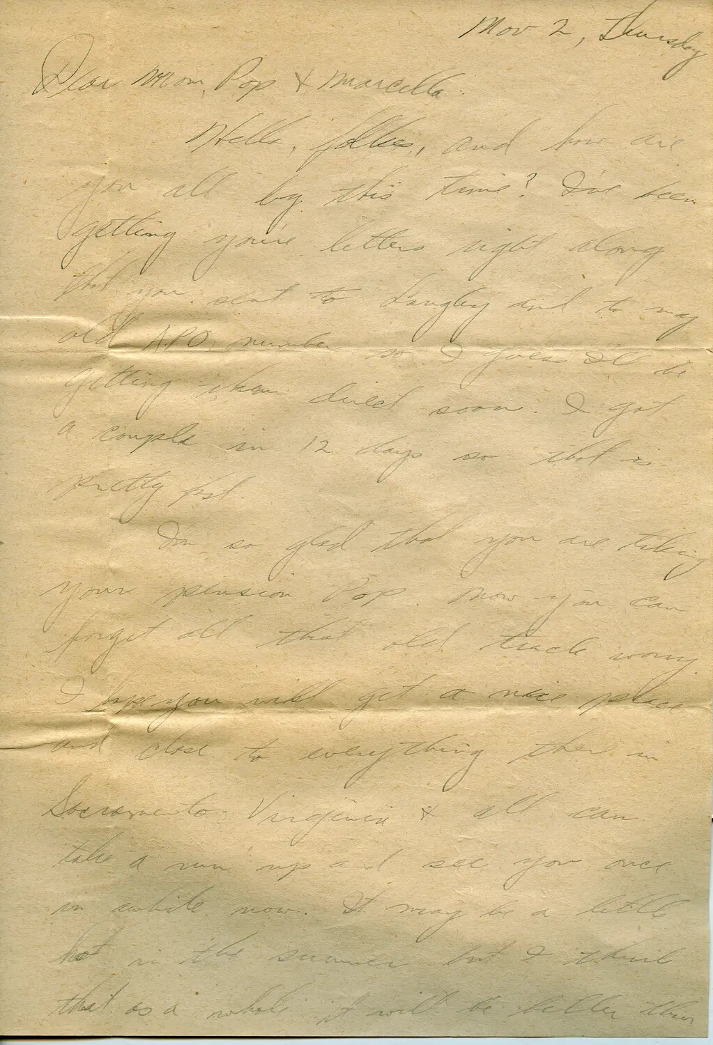 Handwritten Wartime Letter, 'Dear Mom, Pop & Marcella,' Dated November 2 (Thursday), Referencing APO Mail Forwarding