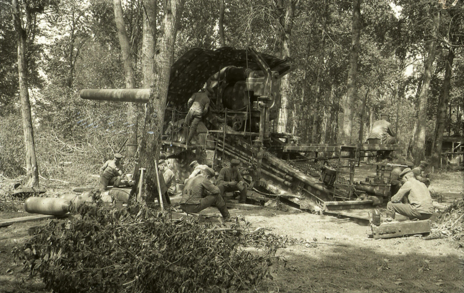 Camouflaged German Heavy Artillery Piece in Wooded Gun Position, WWI