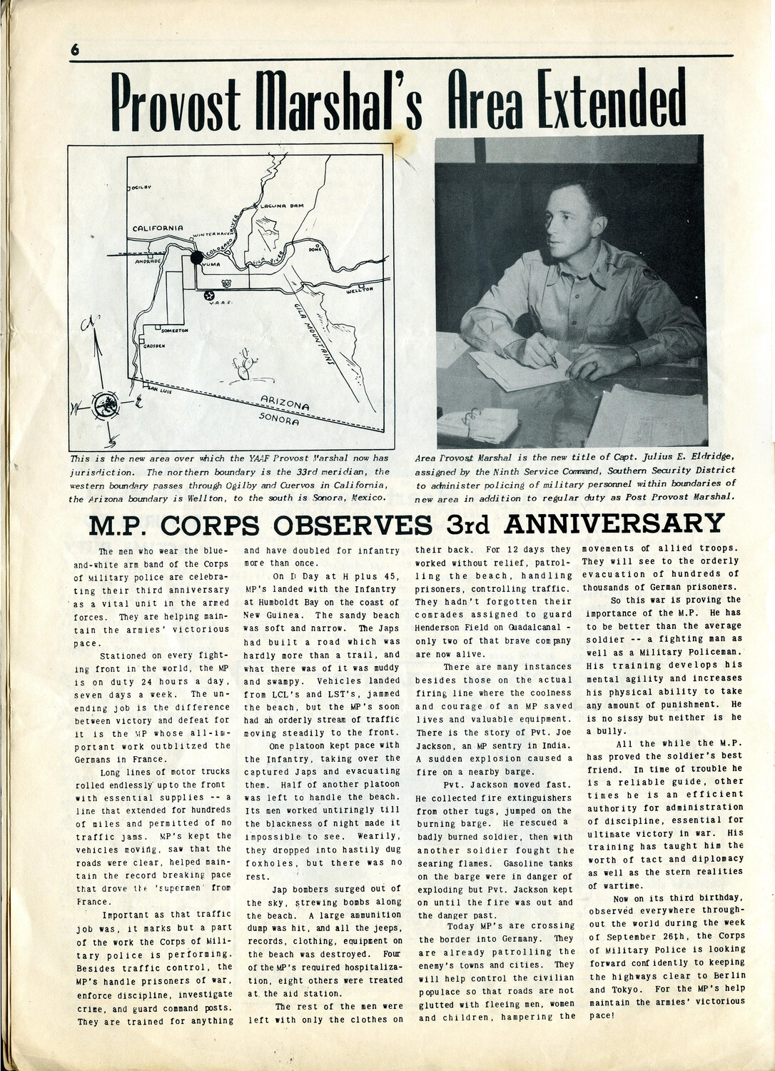 'Provost Marshal's Area Extended' and 'M.P. Corps Observes 3rd Anniversary' - The Actioneer, Yuma Army Air Field, 1944