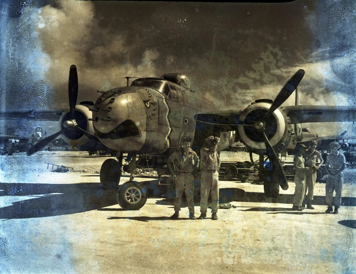 B-25 Mitchell 'Strafer' with Lightning-Bolt Nose Art and Ground Crew, 345th Bombardment Group, WWII Pacific Theater
