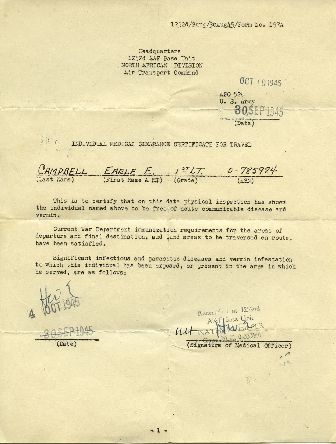 Individual Medical Clearance Certificate for Travel, 1st Lt. Earle E. Campbell, 1252d AAF Base Unit, September 1945