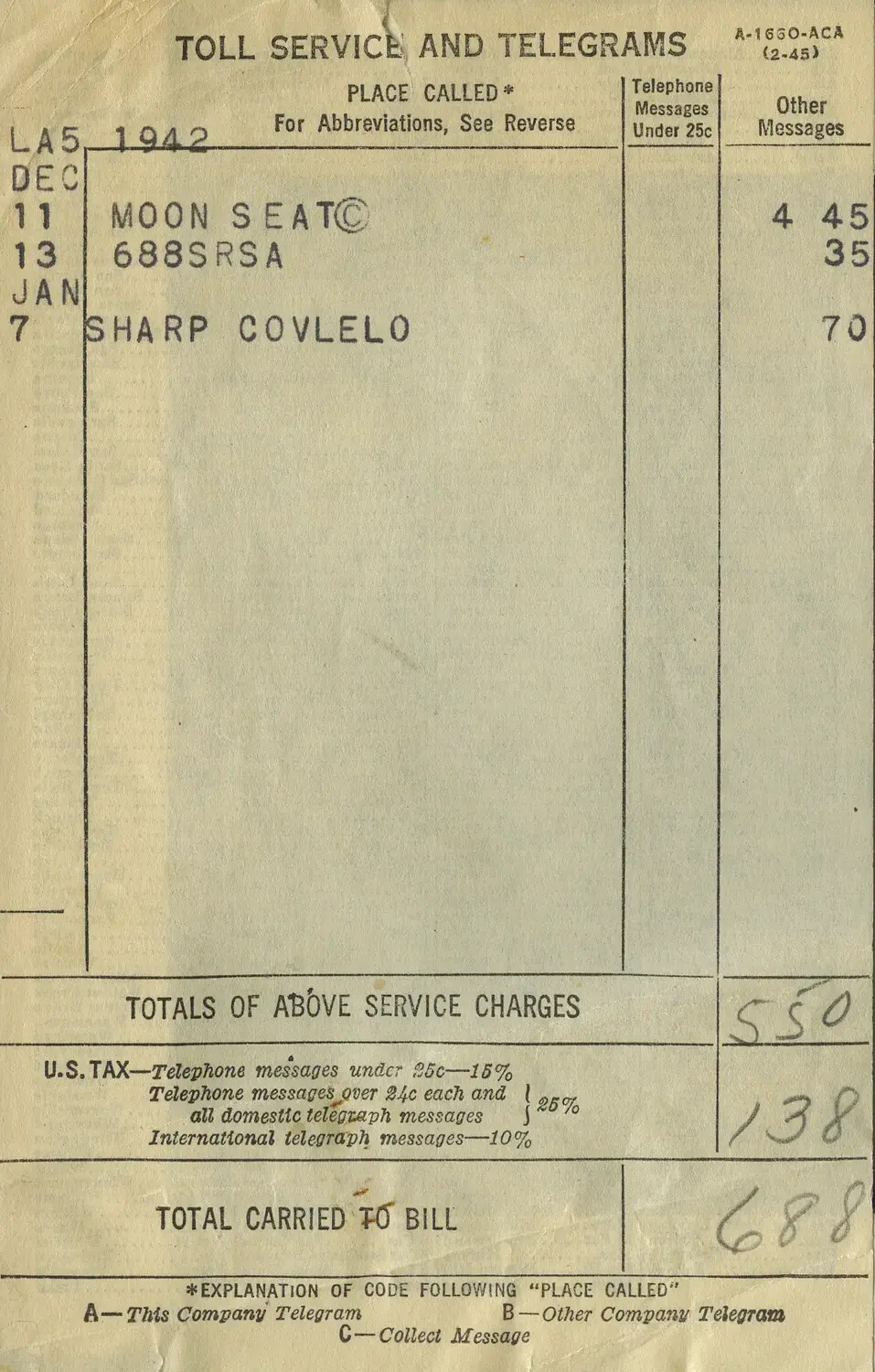 Telephone Toll and Telegram Charges Record, Moon–Sammiet Family Papers, December 1942 – January 1943