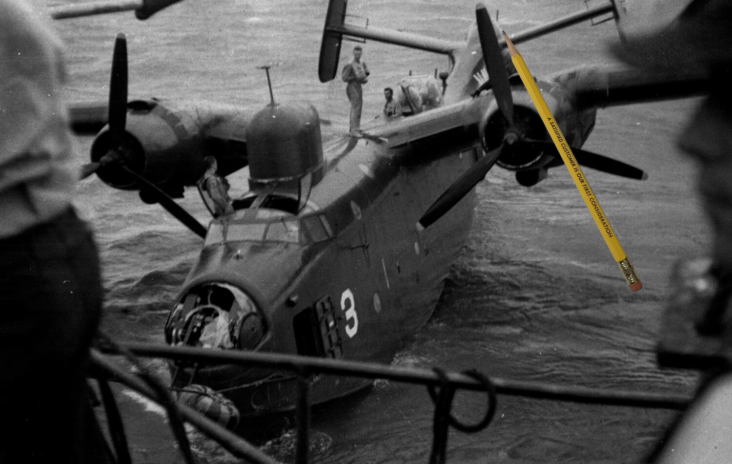 Twin-Engine Flying Boat Alongside Ship, Bow Gun Position Visible, Korean War Era