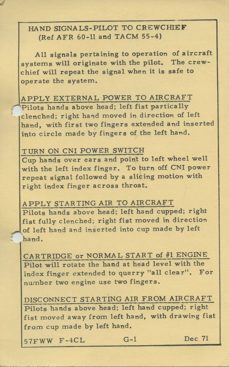USAF F-4 Phantom II Pilot-to-Crewchief Hand Signals Reference Card, 57th Fighter Weapons Wing, December 1971