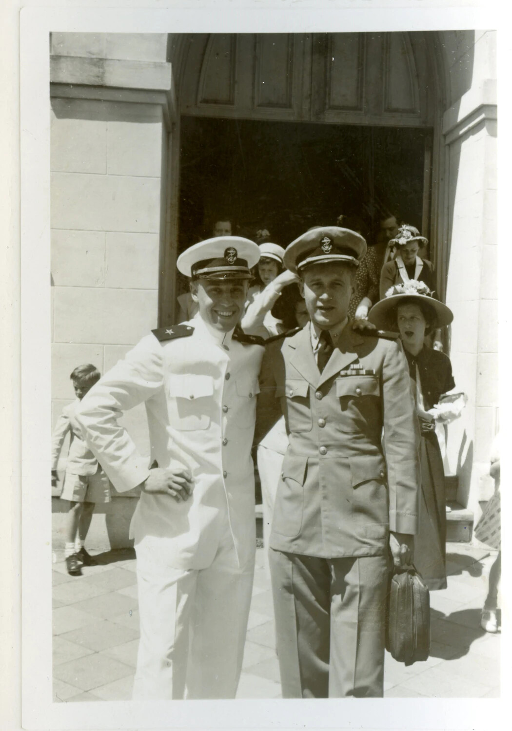 Two U.S. Navy Officers Posing Outside Church, Pensacola, Florida, April 1949