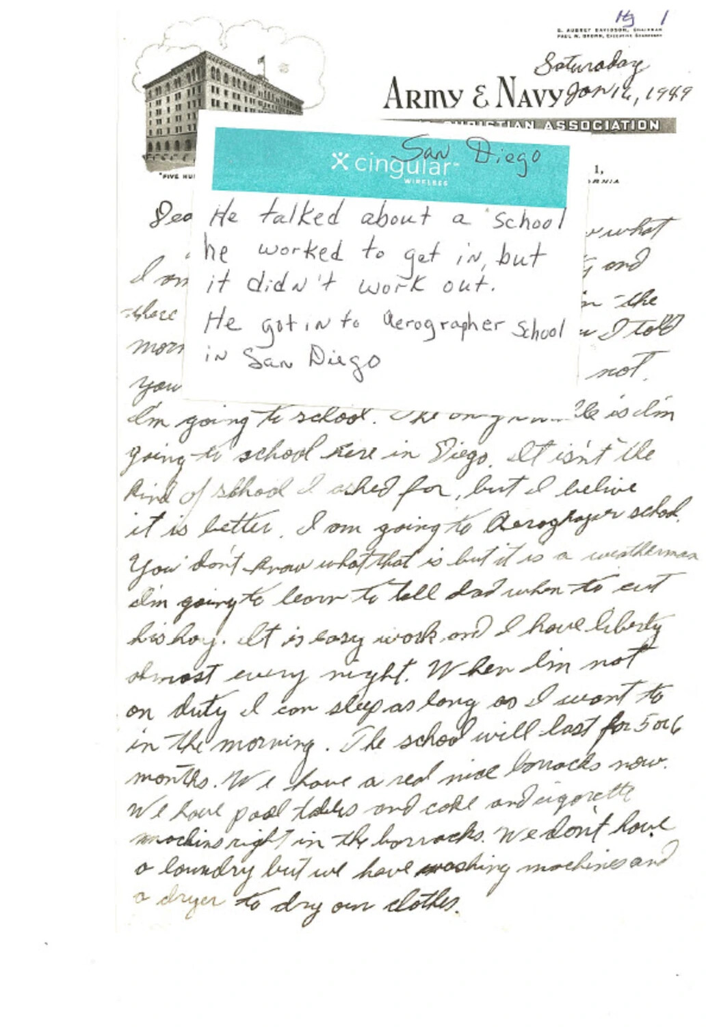 Handwritten Letter on Army & Navy Christian Association Stationery, San Diego Aerographer's School, January 1949