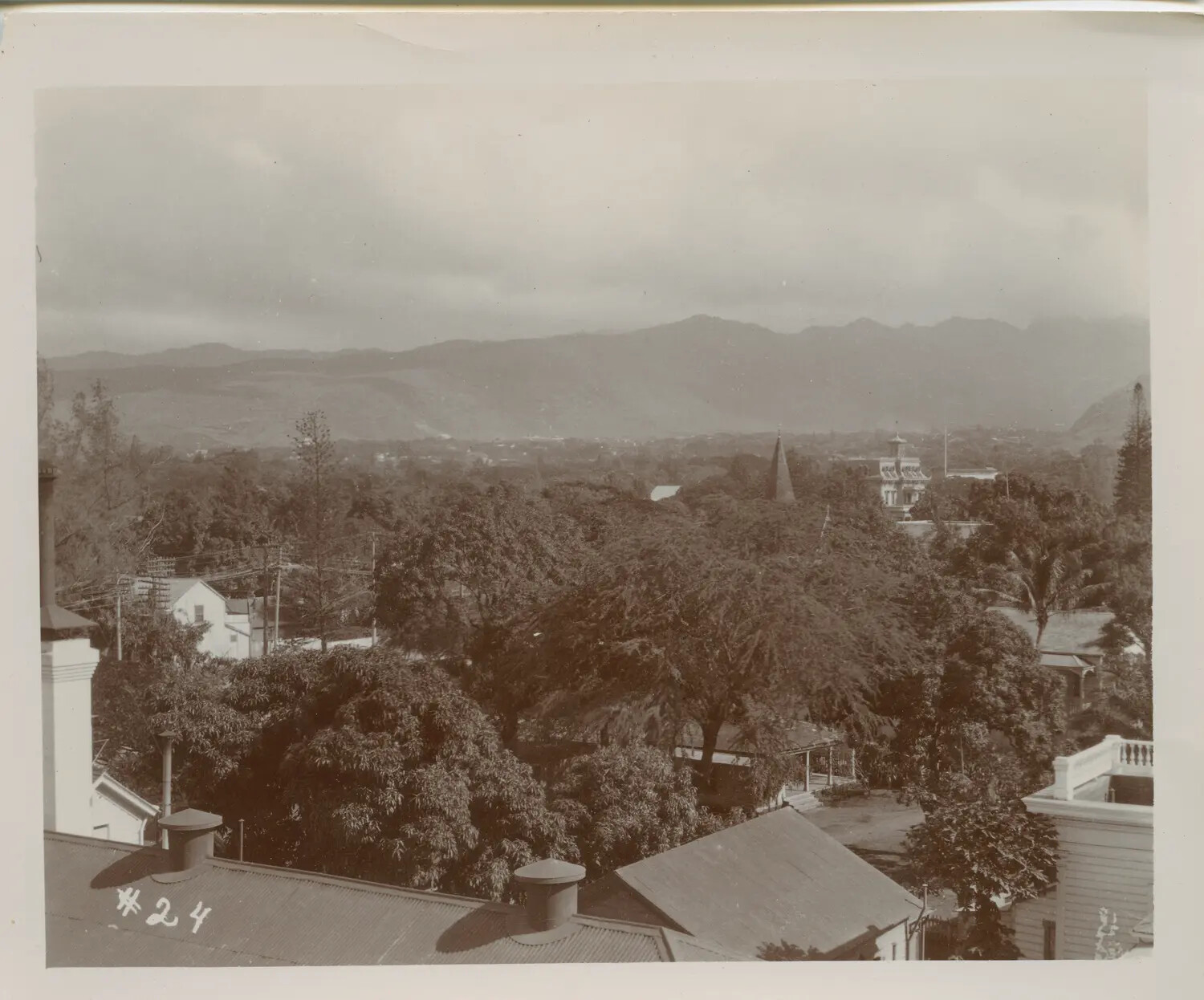Elevated View of Town and Distant Mountain Range, Likely Honolulu, Oahu, Early 20th Century