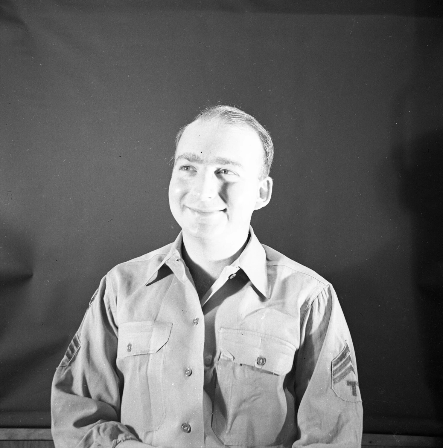 Portrait of U.S. Army Technician Enlisted Man, Service Shirt with Technician Rank Insignia