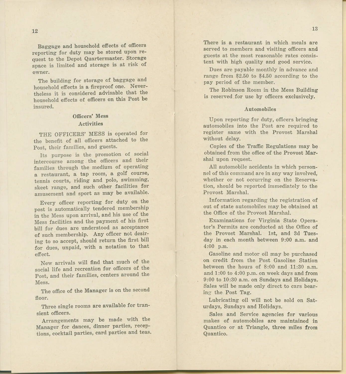 Officer's Guidebook Pages Describing Quantico Post Facilities